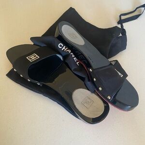 CHANEL Black Slide wooden clogs/mules